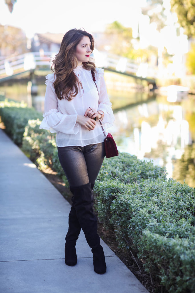 over the knee boots with coated denim