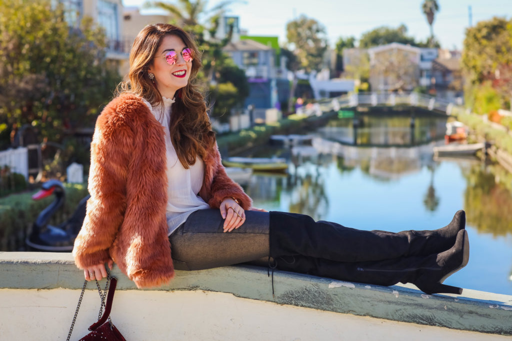 faux fur jacket with over the knee boots