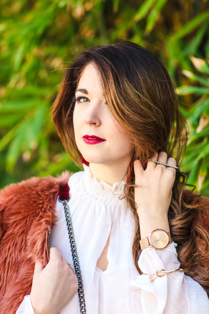 faux fur jacket rose gold watch