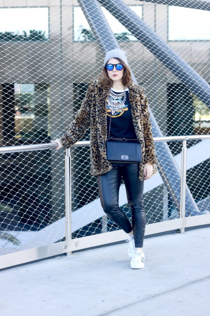 leopard print coat with leather leggings