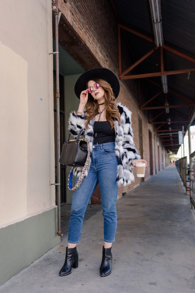mom jeans faux fur coat