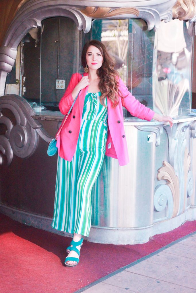 Pink oversized blazer with a striped romper