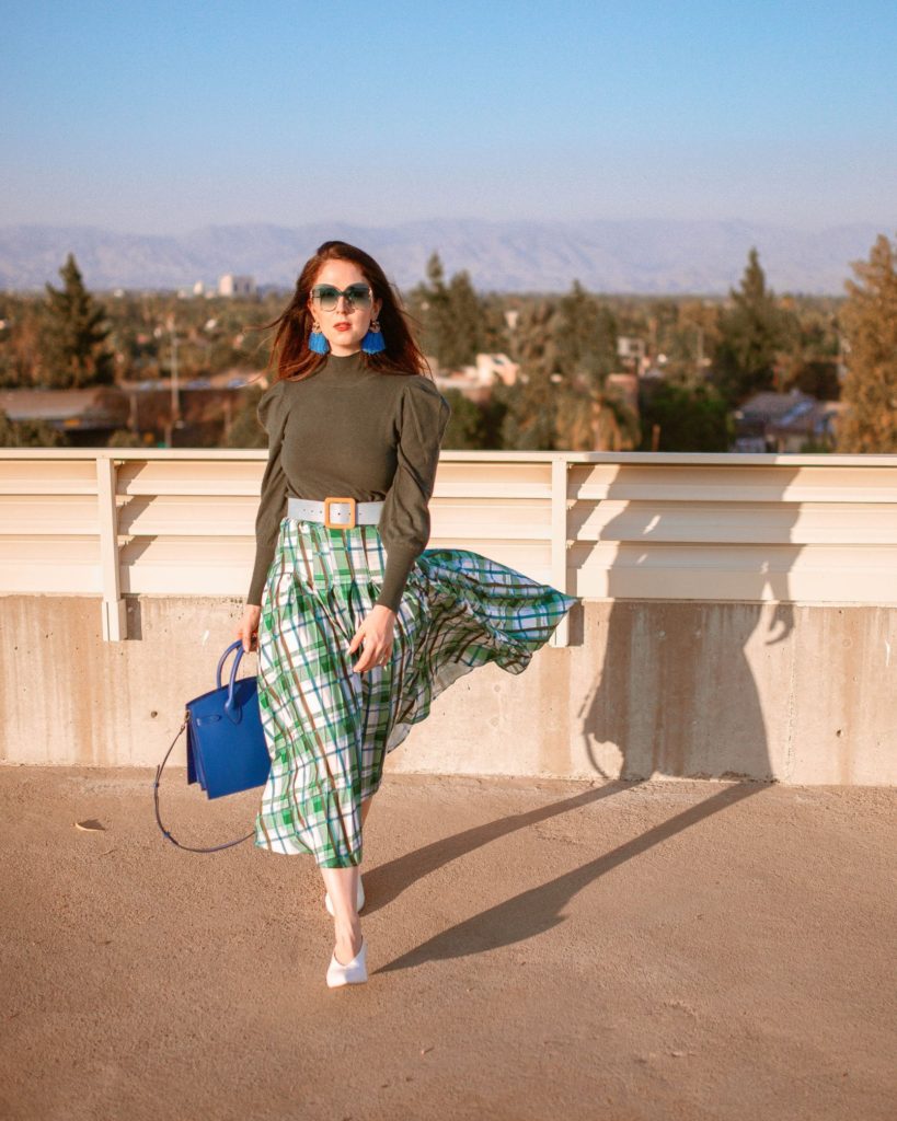 Plaid Midi skirt fall outfit