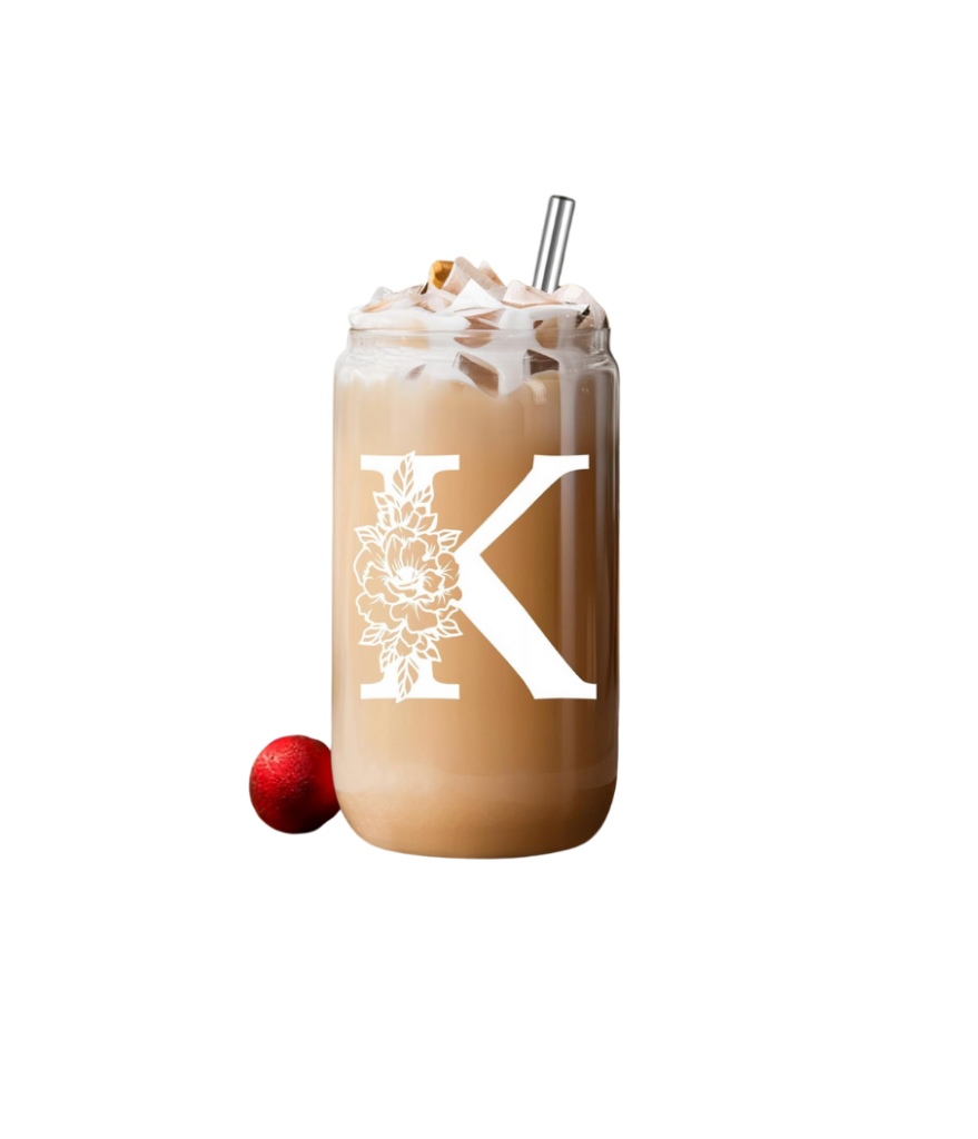 Initial custom iced coffee cup with straw. This is a great gift idea for anyone on your. holidy shopping list who loves an iced coffee