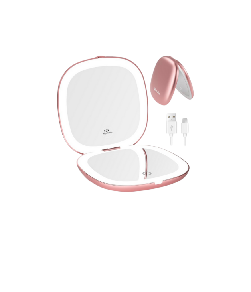 Small compact mirror with rechargeable LED lights to touch up your makeup on the go