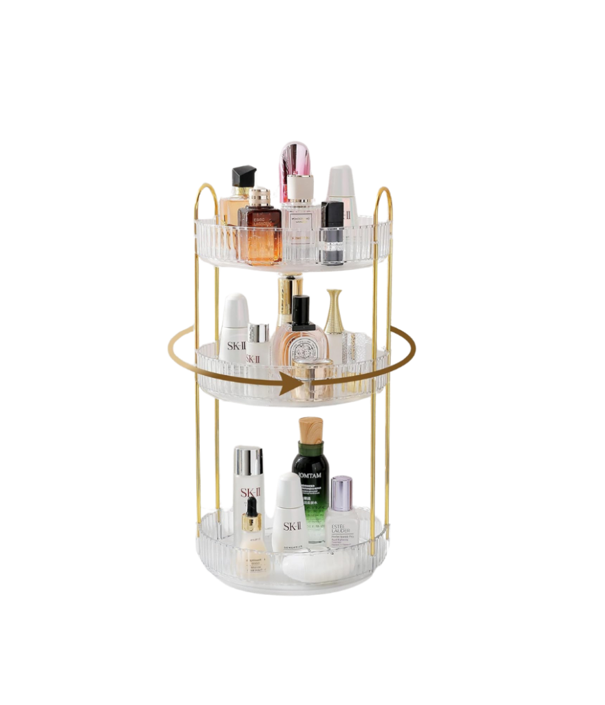 Spinning vanity organizer that is perfect for keeping skincare and makeup organized