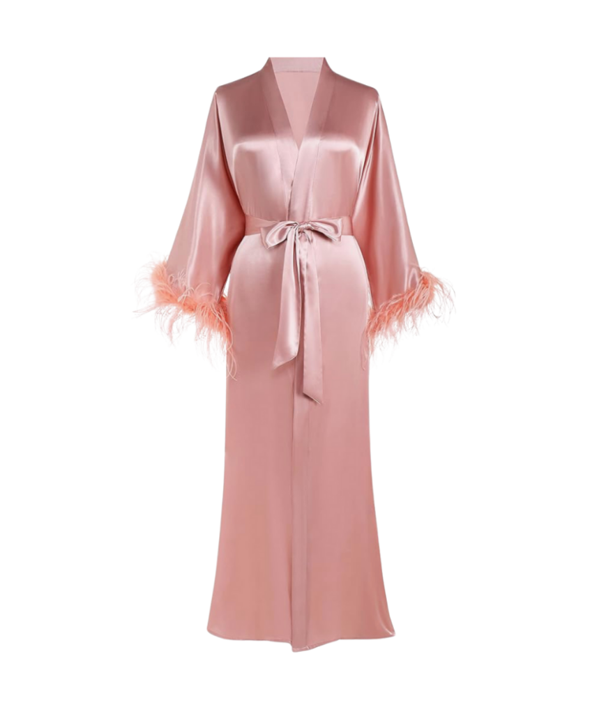 Feather trimmed satin bathrobe